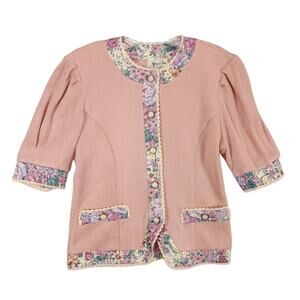 Vtg 80s Jeffrey & Dara Linda Hutley Floral Knit Blouse Button Lace Jacket Top